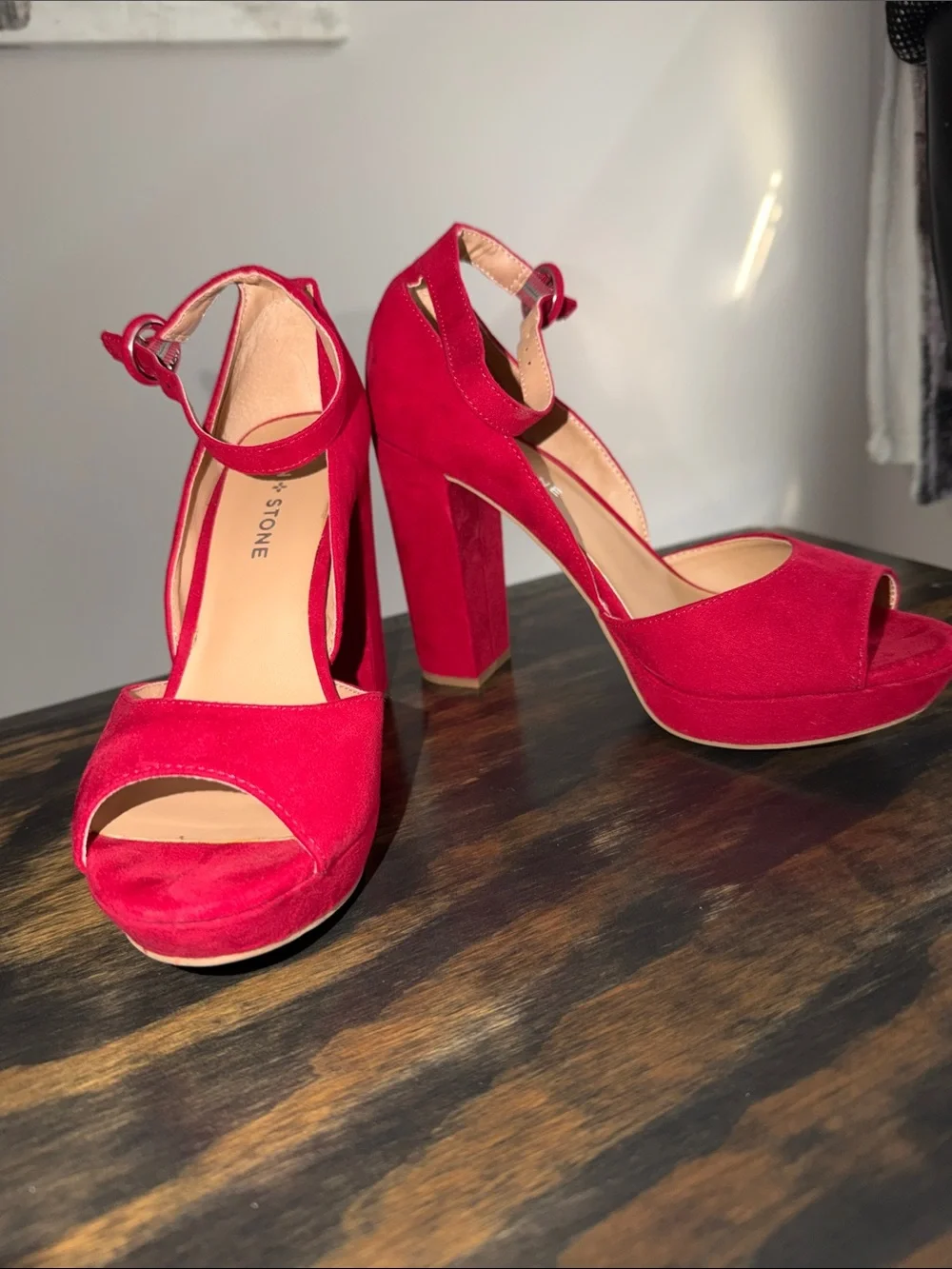 Sun + Stone Red Suede Platform Peep-Toe Heels with Ankle Strap